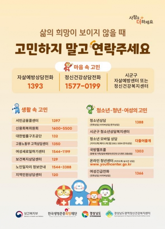 “혼자 힘들어 말아요” 경남도, 자살 고위험 시기(3~5월) 집중관리 추진